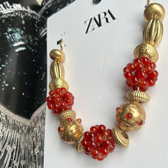 Zara Combination Bead and Stone Necklace Red and Gold - Picture 6 of 11